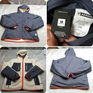 Armada Jacket Mens Large Blue Pockets Reversible Fuzzy Fleece Hooded Full‎ Zip